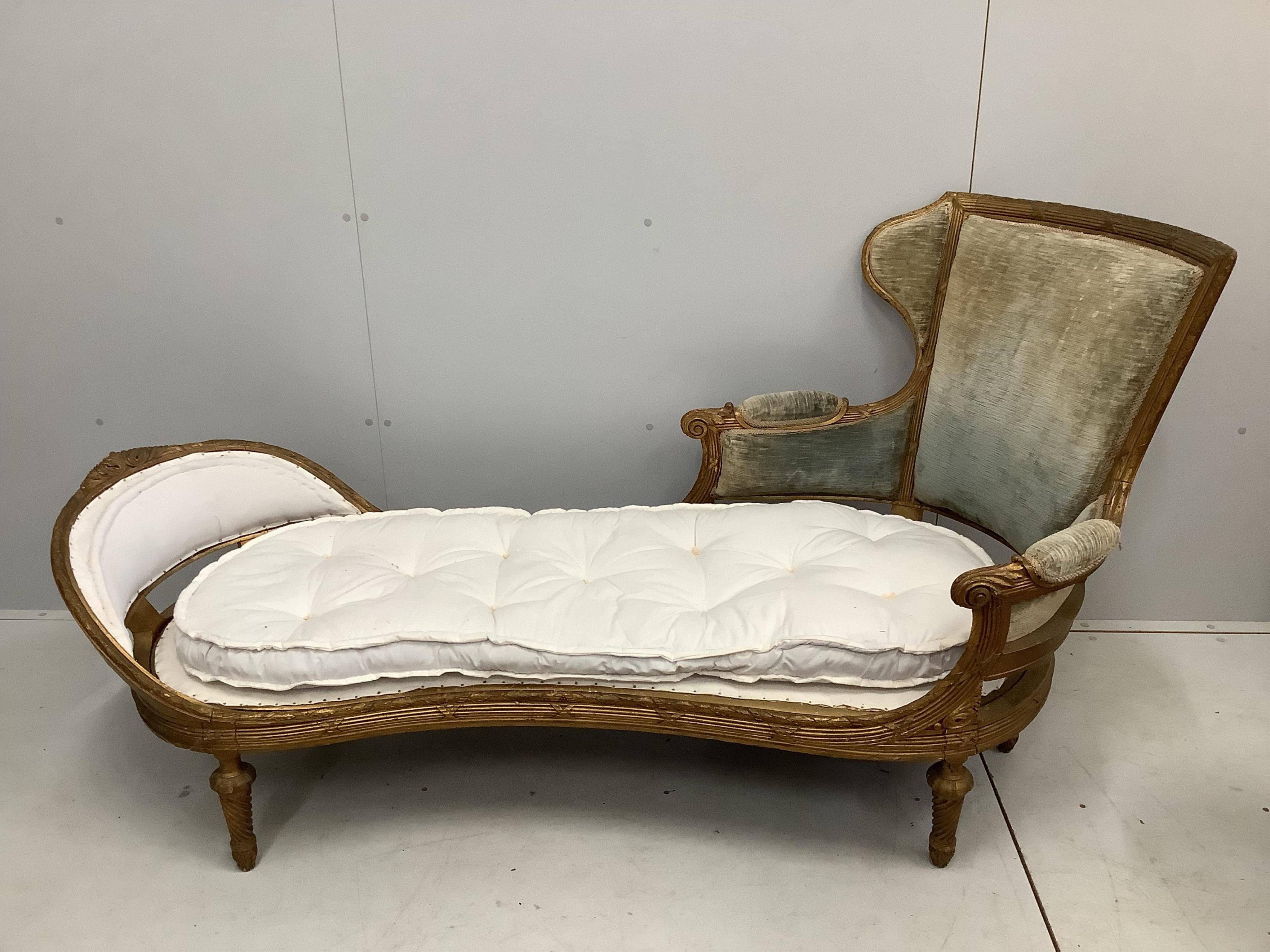 A 19th century Louis XVI style carved giltwood daybed, width 190cm, depth 80cm, height 96cm. Condition fair to good.